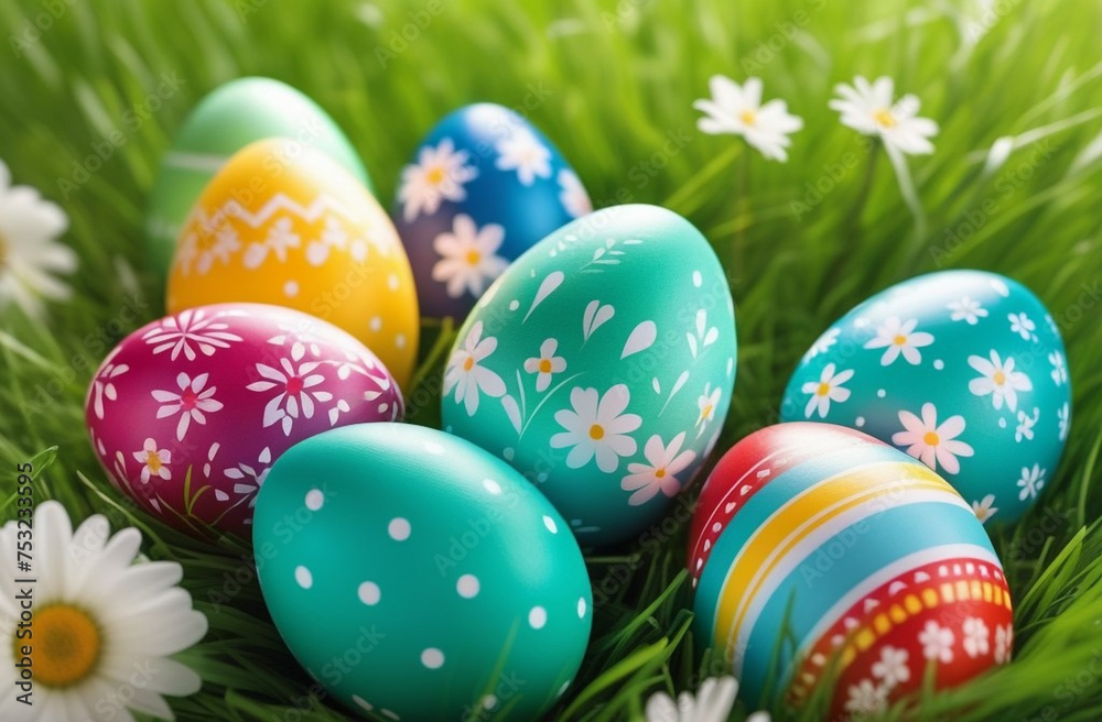 Colored Easter eggs on a blooming meadow in green grass