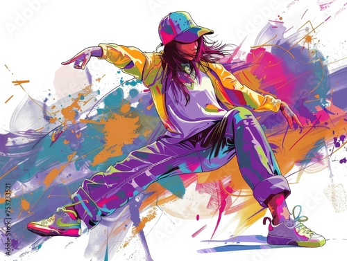 Colorful Hip-Hop Dancer Illustration, To provide a visually striking and modern illustration of a female hip-hop dancer, suitable for a wide range of