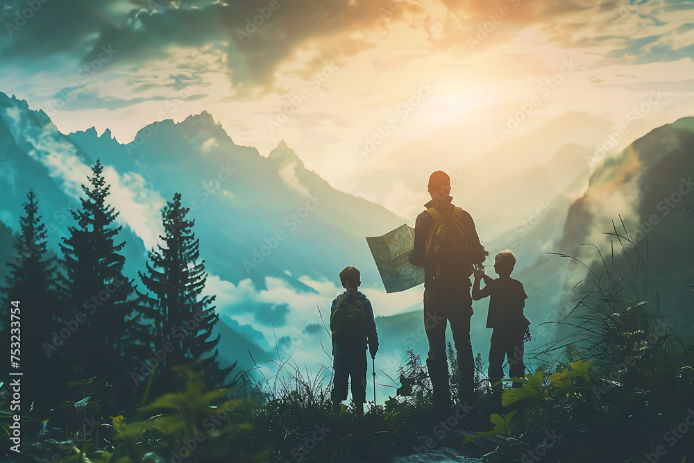 mountain background, family silhouette looking at a map, travelling concept - obrazy, fototapety, plakaty 