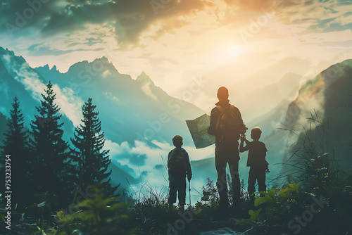 mountain background, family silhouette looking at a map, travelling concept photo