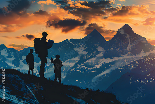 mountain background, family silhouette looking at a map, travelling concept