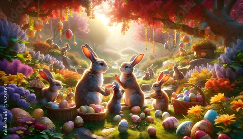 Scène 3D de Pâques avec un lapin et sa famille célébrant le printemps, entourés d'œufs colorés, incarnant l'esprit joyeux de cette fête du renouveau.