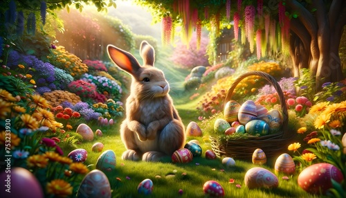 Illustration 3D de Pâques : un lapin au printemps, entouré d'œufs colorés, dans une nature éclatante. photo