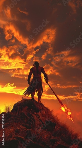 Powerful Avatar with Halberd Standing on Mountain at Sunset, This image would be perfect for a fantasy or gaming related project, showcasing a