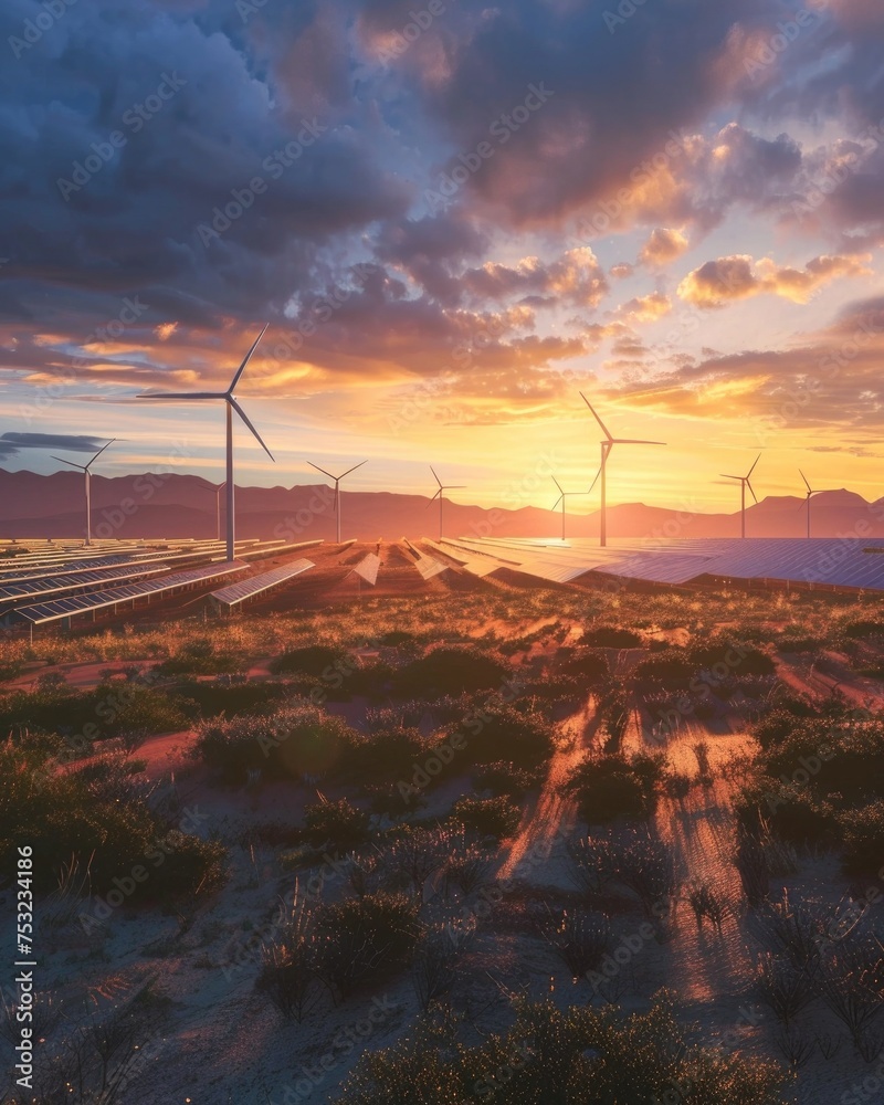 Wind Turbines in Desert at Sunset in Photo-realistic Landscape, To convey the beauty and power of renewable energy in a stunning and captivating way