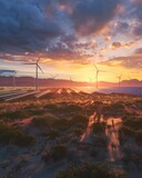 Wind Turbines in Desert at Sunset in Photo-realistic Landscape, To convey the beauty and power of renewable energy in a stunning and captivating way