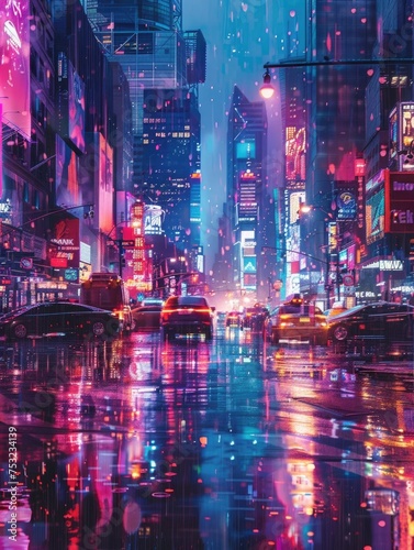 Vibrant Times Square Nighttime Scene in Synthwave Style, To convey the energy and vibrance of a busy city night in a unique and eye-catching way © Sataporn