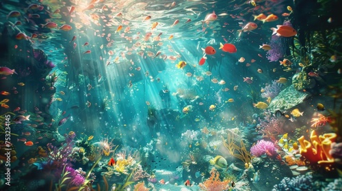 Vibrant Underwater Ocean Scene with Colorful Fish and Coral Reef, To showcase the stunning beauty and diversity of marine life in a unique and