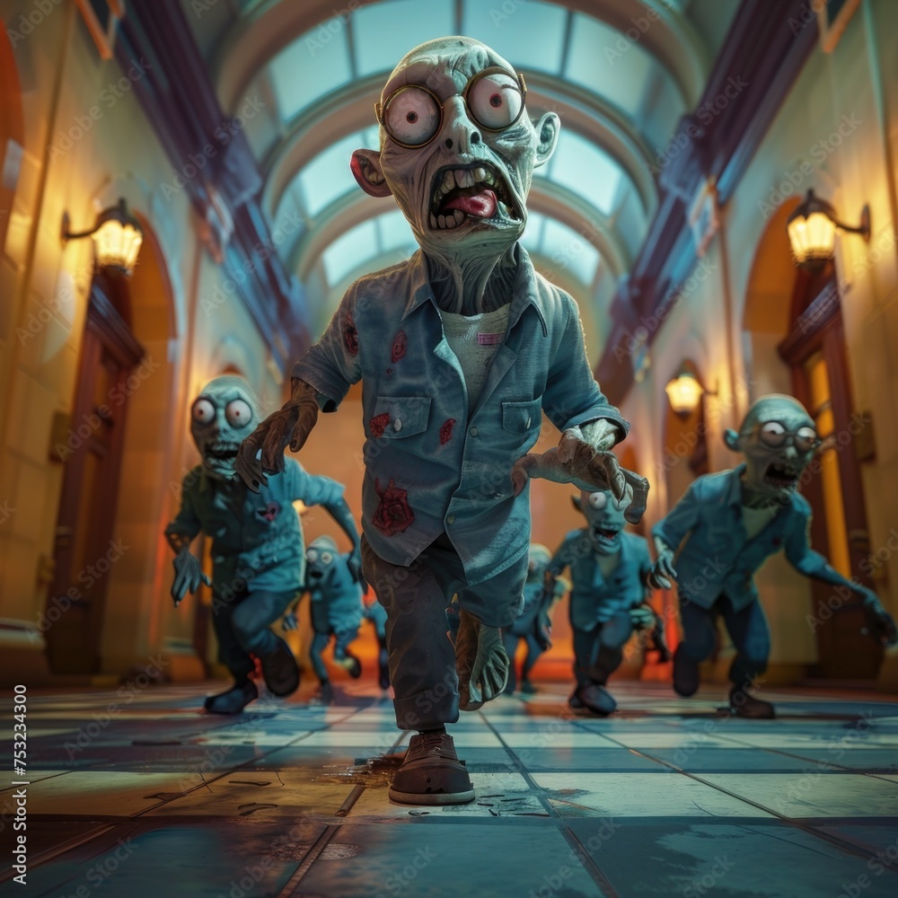 Zombies Running in Hallway, To convey a sense of urgency and danger in a post-apocalyptic setting