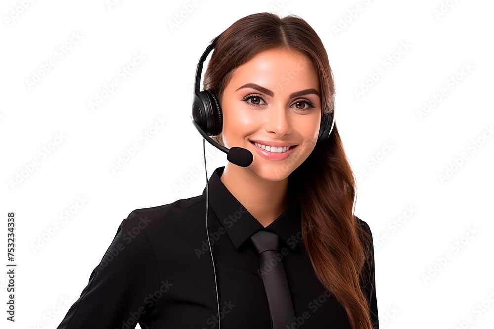 Brown Telemarketer pretty woman working with a headset and wearing a black shirt with a tie smiling and looking at camera on a cutout PNG transparent background Brown Telemarketer pretty woman working with a headset and wearing a black shirt with a tie smiling and looking at camera on a cutout PNG transparent background