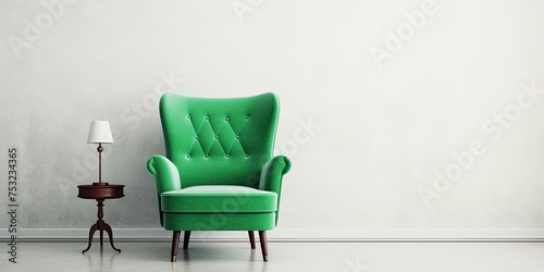 Vintage green armchair in minimalist white room.