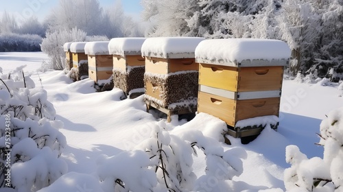 Embrace the serene winter landscape as bee hives stand amidst the snow, offering a tranquil view of apiary life during the colder months.