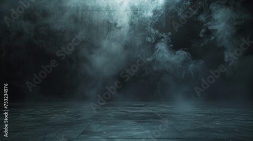 Smoke in a black room. Fog in an empty room. Dark scene with smog. Wallpaper for car design.