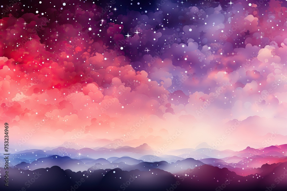Beautiful fairytale and magical backgrounds with sky and mountains in magenta colors, beautiful starry sky with glow.