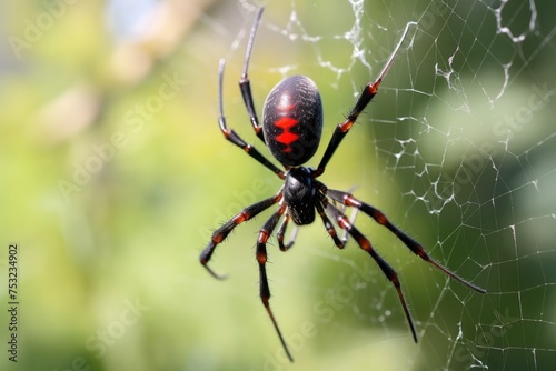 Spider on the web in the forest. Macro. Shallow depth of field. Wildlife Concept with Copy Space. 