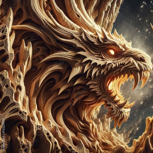 A beautiful wood carving of a dragon elaborated into amazing wood details  expression