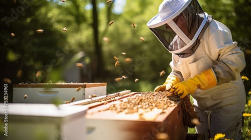 Explore the world of beekeeping as a beekeeper tends to the hives, while bees buzz in flight, epitomizing the harmonious relationship between humans and bees.