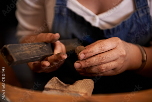 Woodworking, industry and hands of woman in workshop for creative project or sculpture. Artisan, industrial and closeup of female carpenter manufacturing products in studio for small business.