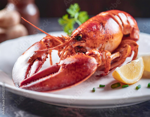 Steamed Atlantic lobster (Homarus americanus) on a white platter.