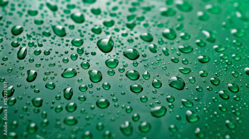 Water drops on a green background. Texture with realistic macro droplets. Surface damp from fresh dew. Abstract wallpaper with liquid bubbles.