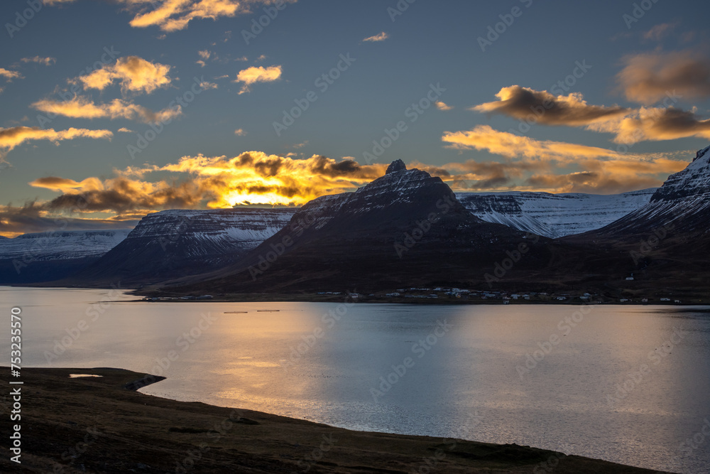 Sunset at the fjord, Iceland