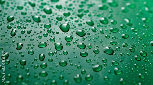 Water drops on a green background. Texture with realistic macro droplets. Surface damp from fresh dew. Abstract wallpaper with liquid bubbles.