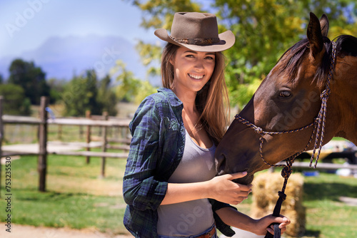 Cowgirl, portrait and happy woman with horse at farm outdoor in summer or nature in Texas for recreation. Western hat, face or person with animal at ranch, pet or stallion in the rural countryside