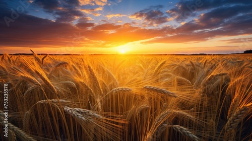 A wheat field. The ears of golden wheat are illuminated by the setting sun. Rural landscape under bright sunlight. The concept of a rich harvest.