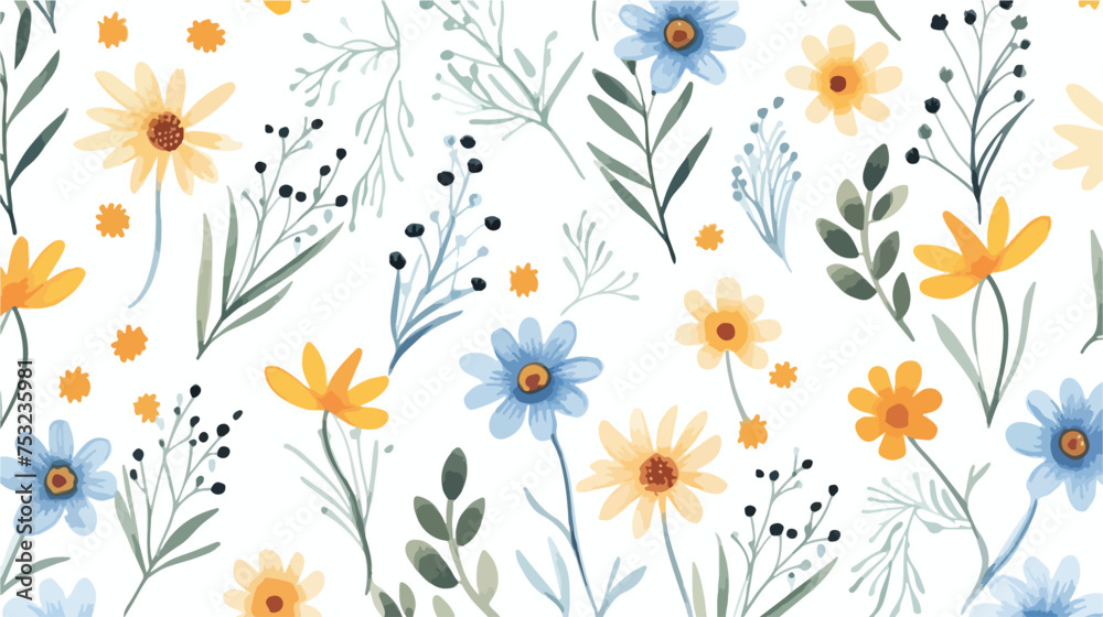 Watercolor seamless pattern with simple hand drawn f