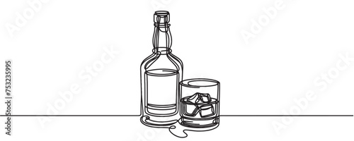 Continuous one line drawing. Bottle and glass of whiskey with ice. Vector illustration