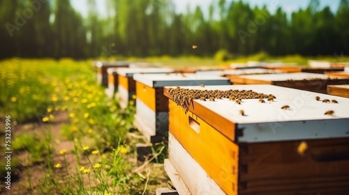 Hives in an apiary feature bees flying to the landing boards, illustrating apiculture practices. © Elchin Abilov