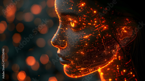 3D Illustration of a female face with glowing particles. The concept of artificial intelligence