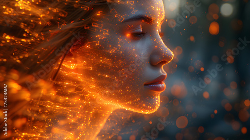 3d illustration of beautiful woman face with glowing particles