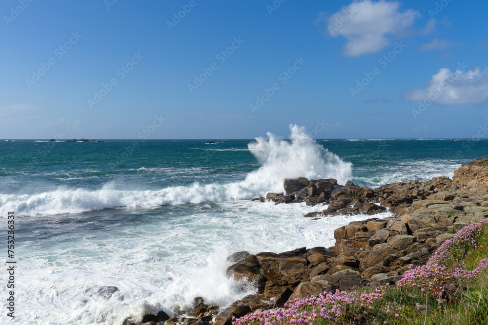 Côte rocheuse du Finistère nord en Bretagne, parée de l'élégance des Arméries maritimes en fleurs, tandis que le ressac de la mer d'Iroise caresse ses rivages Côte rocheuse du Finistère nord en Bretagne, parée de l'élégance des Arméries maritimes en fleurs, tandis que le ressac de la mer d'Iroise caresse ses rivages