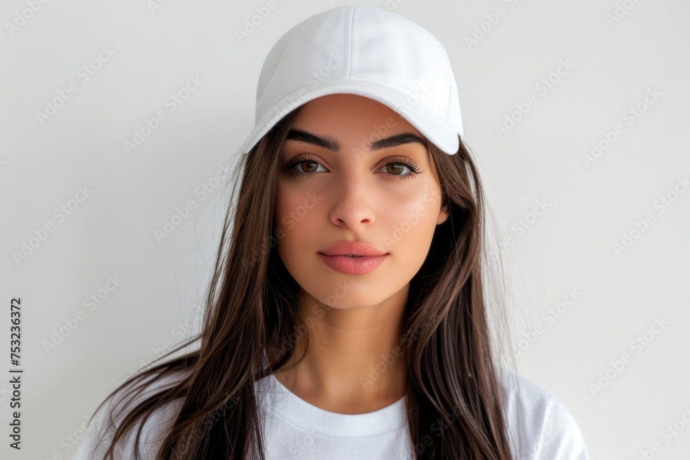 A radiant Latina model poses with a white baseball cap, embodying effortless style suitable for mockups and branding. A radiant Latina model poses with a white baseball cap, embodying effortless style suitable for mockups and branding.
