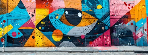 Vibrant street art mural on an urban wall featuring abstract geometric shapes in bold colors.