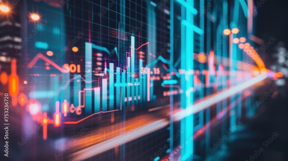 analysis on the monitor. Concept of fundamental and technical analysis. Stock market charts