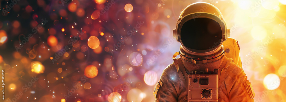 Astronaut in a spacesuit, colorful bokeh galaxy on the background, Illuminated by sunlight orange light. Banner with copy space - obrazy, fototapety, plakaty 