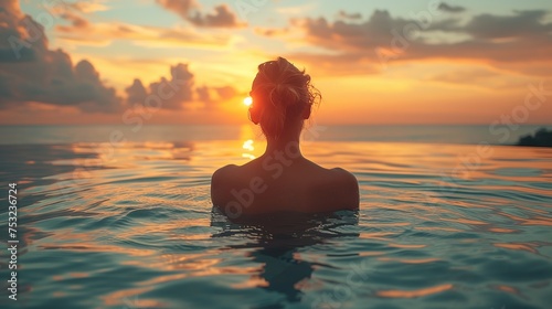 Young woman in swimming pool at beautiful sunset. Luxury lifestyle.