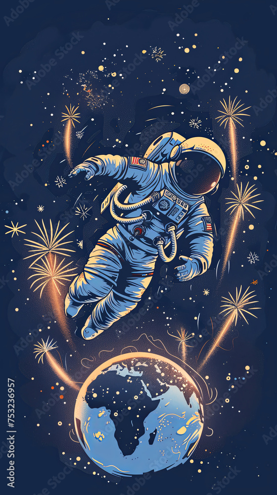 Astronaut flying in the space above the earth globe with fireworks exploding on the background. International Day of Human Space Flight postcard concept - obrazy, fototapety, plakaty 