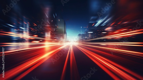 Illustration of a red-tinted night road with glowing lights, bokeh, and speed lines. photo