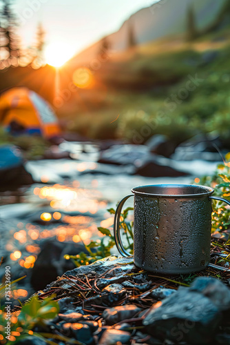 sunshine mountain river spruce tent photo metall mug