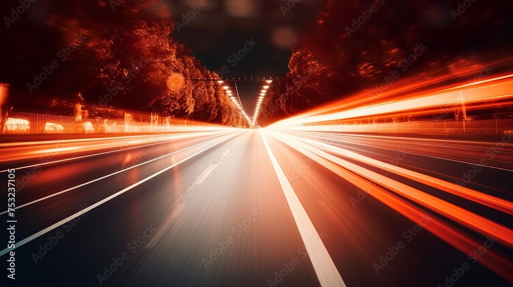 Illustration of a red-tinted night road with glowing lights, bokeh, and speed lines.