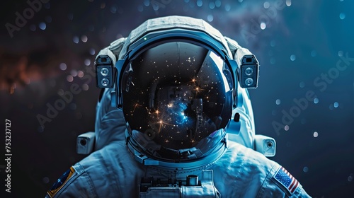 Portrait of an astronaut and space view mirroring on the helmet