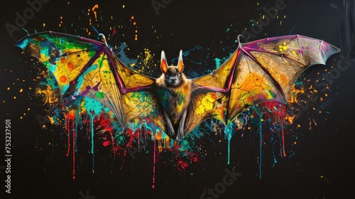Winged creatures, cute animals  bat fly in the sky. Painted with paint splash technique. Isolated black background. Also for T-shirt printing pattern. Generative AI © Dvid