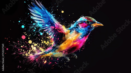 Winged creatures, cute animals bird fly in the sky. Painted with paint splash technique. Isolated black background. Also for T-shirt printing pattern. Generative AI © Dvid