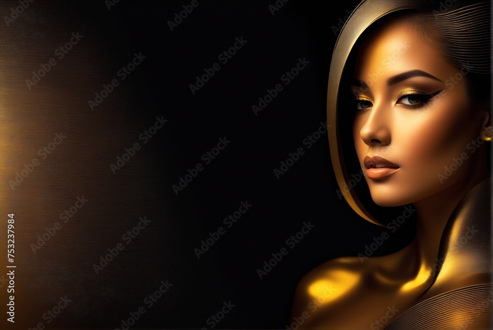 Fototapeta premium Woman epitomizes glamour in gold tones. Beautiful background enhances her allure.