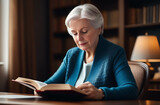 Senior woman reading book on sofa at home. Elderly studying or calm senior person with novel for information or knowledge on table at home