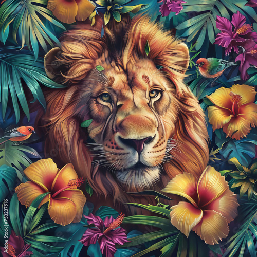 Lion with Leaves and Flowers