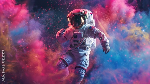 Happy rhythmically astronaut dancing surrounded by colorful powdered paint